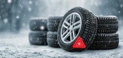 Winter Tires Stacked in Snowy Conditions Highlighting Important Safety Features photo