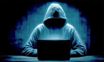 Mysterious Figure in Hoodie Working on Laptop in Dark Environment photo