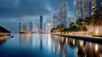 City Skyline Illuminated by Evening Lights Along a Calm Waterfront in a Modern Urban Area photo