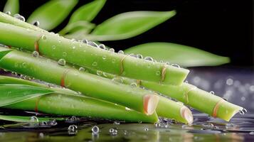 Fresh Bamboo Stalks Resting on Water Surface With Droplets in Serene Environment photo