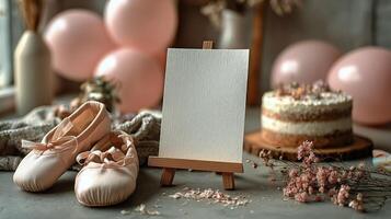 Elegant Ballet Shoes and Blank Canvas at a Birthday Celebration With Pink Balloons and Cake photo