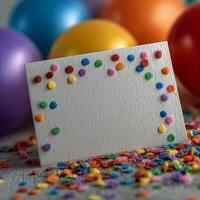 Colorful Celebration Setup With Confetti and Blank Card for Invitations Near Vibrant Balloons photo