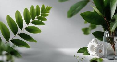 Green Leaves and Decorative Elements Arranged for a Serene Indoor Setting in Natural Light photo