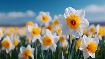 Daffodils Blooming in a Vibrant Field Under a Clear Blue Sky photo