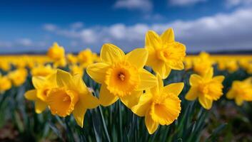 Daffodils Bloom Brilliantly in a Field Under a Sunny Sky During Springtime photo