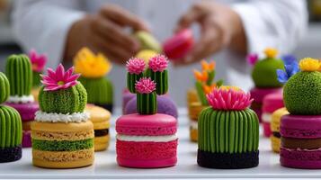 Colorful Macarons Shaped Like Plants and Flowers in a Pastry Display at a Dessert Shop photo