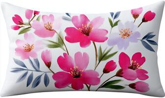 Decorative Pillow With Colorful Floral Design Featuring Pink and Purple Flowers on White Background photo