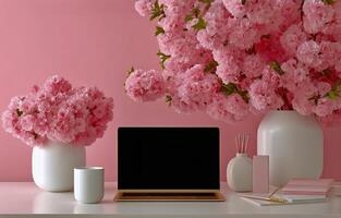 Working Space Decorated With Pink Flowers and a Laptop in a Cozy Room Setup photo