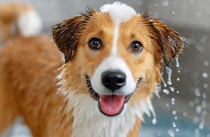 Happy Dog Enjoying a Bath With Water Splashing at a Backyard During Sunny Afternoon photo