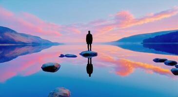 Person Stands on Rock at Tranquil Lake Reflecting Colorful Sunset in Serene Landscape photo