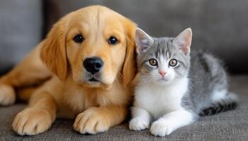 Cute Puppy and Kitten Cuddling on a Soft Sofa in a Cozy Living Room During Daylight photo