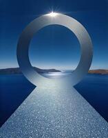 Stunning Coastline View Through a Large Circular Structure Beside a Sparkling Sea at Midday photo