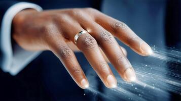 Elegant Hand With Wedding Ring Emitting Sparkling Particles in a Sophisticated Setting photo