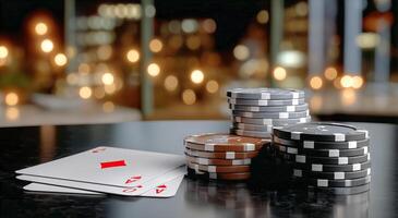 Cards and Chips Placed on a Table at a Casino During a Lively Night Atmosphere photo