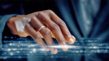 Hand in Business Attire Interacting With Digital Technology on a Dark Background photo