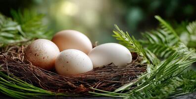 Nest With Four Eggs Surrounded by Green Ferns in a Serene Outdoor Setting During Daylight photo
