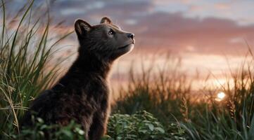 Young Bear Gazes at Sunset in a Lush Landscape During Twilight Hours photo