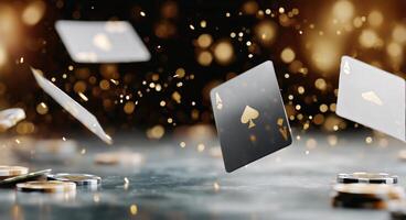 Playing Cards Floating Above Poker Chips With a Festive Background During a Casino Night photo