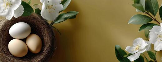 Beautiful Nest With White and Brown Eggs Surrounded by Blooming Flowers on Soft Backdrop photo