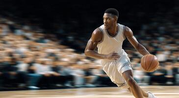 Player Swiftly Drives to the Basket During a High-Energy Basketball Game in an Indoor Arena photo