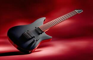 Electric Guitar Placed Against Vibrant Red Backdrop Showcasing Its Sleek Design and Craftsmanship photo