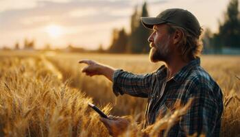 Farmer Observing Wheat Field at Sunset and Using Mobile Phone to Monitor Crop Conditions photo