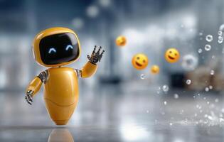 Friendly Robot Waves at Floating Emojis in a Futuristic Environment photo