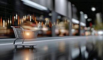 Shopping Cart on Urban Street With Stock Market Graph in Background During Evening Hours photo