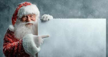 Santa Claus Smiles and Points at Blank Sign in Snowy Winter Setting During Holiday Season photo