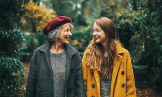 Smiling Elder and Young Woman Walk Together Through a Colorful Autumn Park photo