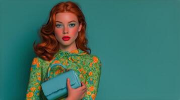 Fashion Model Poses With a Stylish Handbag Against a Turquoise Background During a Vibrant Photoshoot photo