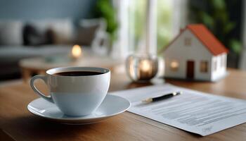 Cozy Morning With Coffee and Paperwork in a Bright Living Room Setting photo