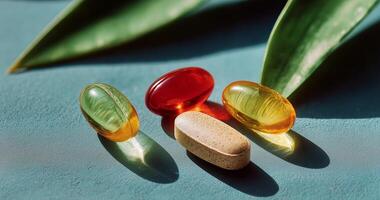Colorful Vitamins and Supplements Arranged on a Blue Surface With Green Leaves Nearby photo