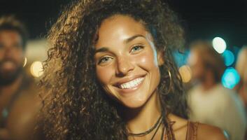 Smiling Woman With Curly Hair Enjoys Summer Festival at Night With Friends in Vibrant Atmosphere photo