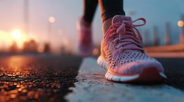 Runner in Pink Shoes Jogging on an Empty Road During Sunset Lighting photo