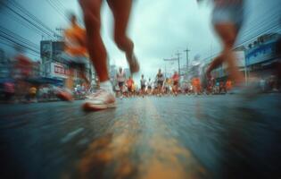 Runners Participating in an Intense Marathon on a Rainy Day in a Busy City photo