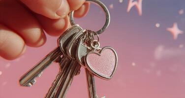 Bright Keys With a Heart Charm Held Against a Pastel Sky Background at Sunset photo