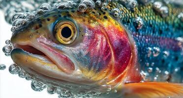 Close View of a Colorful Trout Swimming in a Bubble-Filled Aquatic Environment photo