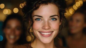 Smiling Woman Surrounded by Friends at a Joyful Gathering With Warm Lights in the Background photo