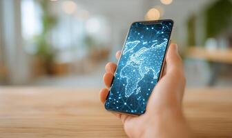 Global Connectivity Displayed on Smartphone Screen With Network Map photo