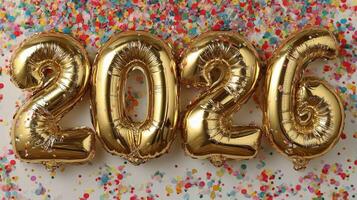 Golden Balloons Display the Year 2026 Against a Colorful Confetti Background for Celebration photo
