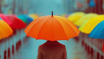 Colorful Umbrellas Brighten a Rainy Day in a Vibrant Urban Setting photo