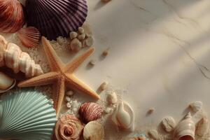 Colorful Shells and Starfish Arranged on Sandy Surface With Gentle Light photo