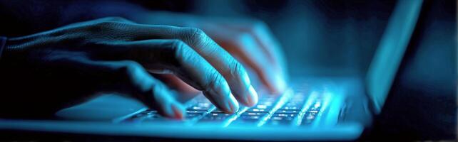 Hands Typing on a Laptop Keyboard Illuminated by Blue Light in a Dark Environment photo