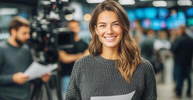 Smiling News Anchor Preparing for Live Broadcast in a Busy Newsroom With Cameras and Crew photo
