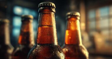 Bottles of Cold Beer on a Wooden Table in a Cozy Bar During Evening Hours With Warm Lighting photo