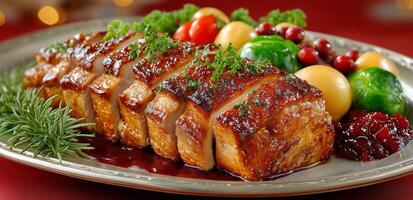 Deliciously Glazed Roast Pork With Garnishes on a Festive Table Setting photo