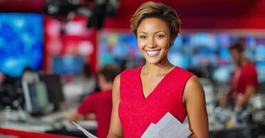 News Anchor Reports From Studio While Preparing for Live Broadcast in Vibrant Setting photo