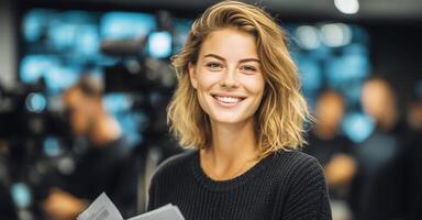 Smiling Reporter Holding Notes in a Busy Newsroom During the Afternoon photo