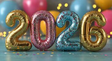 Colorful Balloons and Confetti Celebrate the New Year 2026 at a Festive Gathering photo